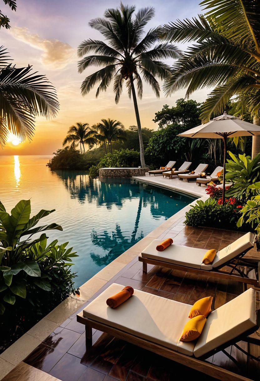 An inviting scene of a luxury retreat with sun loungers by a crystal-clear pool, lush greenery, and a serene atmosphere. Couples and families smiling and relaxing, with stylish amenities like tropical drinks and elegant cabanas. A stunning sunset in the background adds a warm, golden glow. super-realistic. vibrant colors.