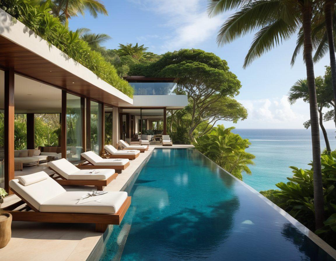 A luxurious resort surrounded by lush tropical gardens, featuring elegant, modern architecture with floor-to-ceiling windows offering magnificent ocean views; guests relaxing by a pristine infinity pool with exotic cocktails in hand, and an ambiance of overall happiness and tranquility. super-realistic. vibrant colors.