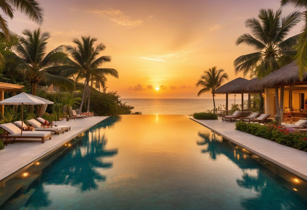A luxurious resort surrounded by pristine beaches and crystal-clear waters, showcasing exclusive amenities like an infinity pool, private cabanas, lush tropical gardens, and gourmet dining areas with beautiful sunset views. Vibrant colors. super-realistic. tropical paradise vibes.